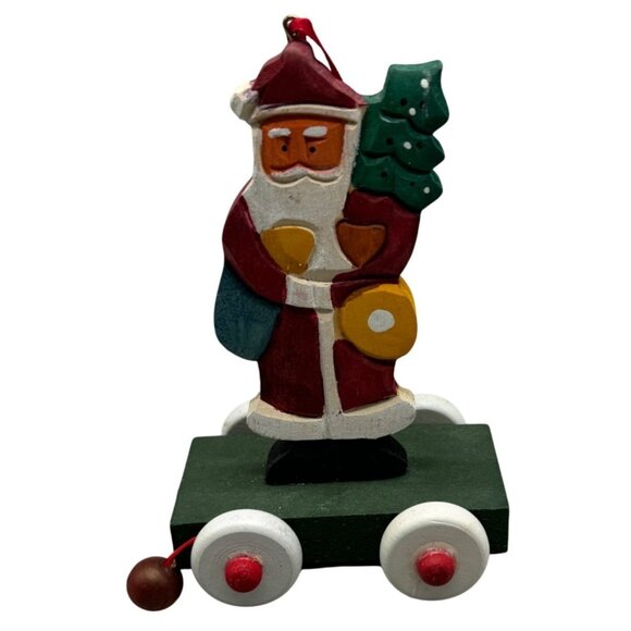 Belsnikel Santa Pull Toy Ornament wood carved wagon Christmas tree green READ - Picture 1 of 7